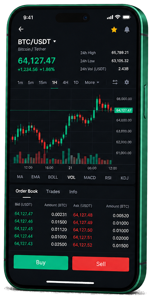 Plataforma móvil de trading Duna Valoranza — gráfico en tiempo real BTC/USDT, libro de órdenes y panel de compra/venta